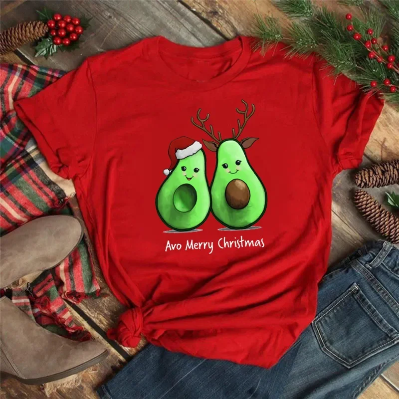 Damskie koszulki z nadrukiem choinki, czerwona bluzka, nowa odzież damska, krótki rękaw, koszulki z jeleniem w stylu lat 90., estetyczne ubrania.