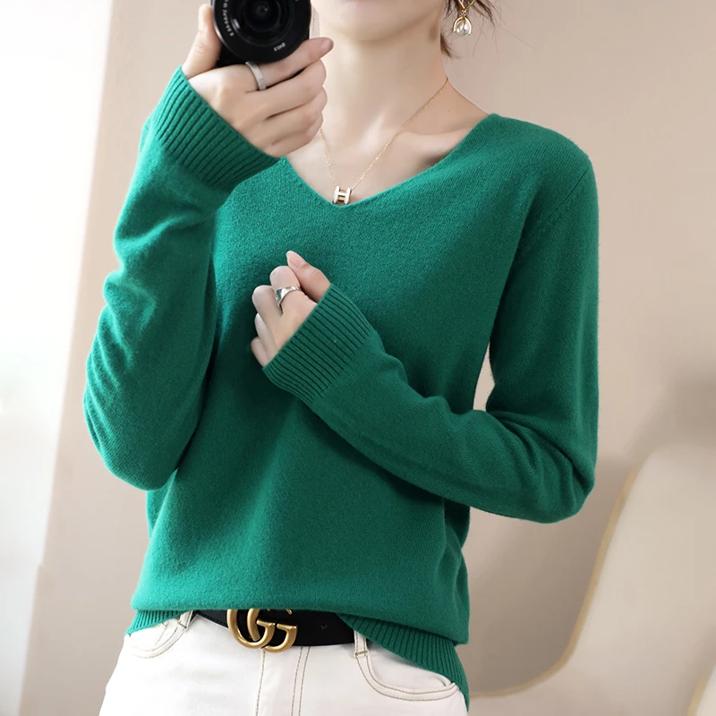 Autumn Winter New Cashmere Sweater Women Solid Color V-neck Pullovers Knitting Sweater Fashion Korean Long Sleeve Loose Tops