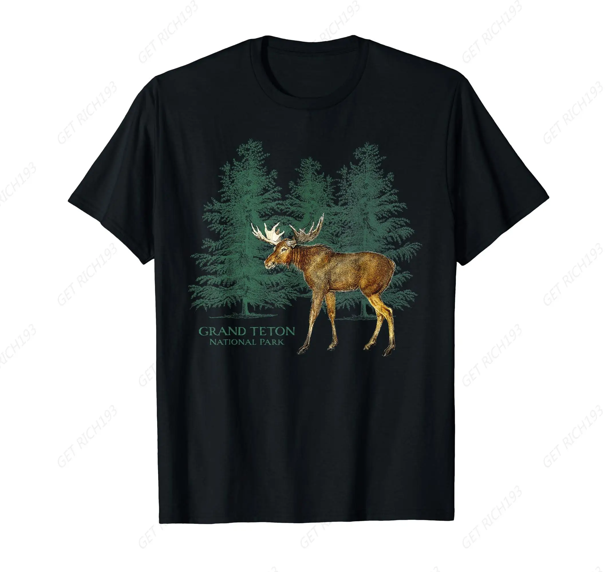 Grand Teton National Park Wyoming Moose Trees Vintage Look T-Shirt Forest Animal Short Sleeve Summer Autumn Tee