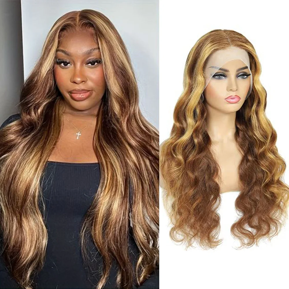 

Highlight Ombre Lace Front Wig Human Hair 13X4 Transparent Lace 4/27 Honey Blonde Lace Frontal Wigs Pre Plucked 200% Density