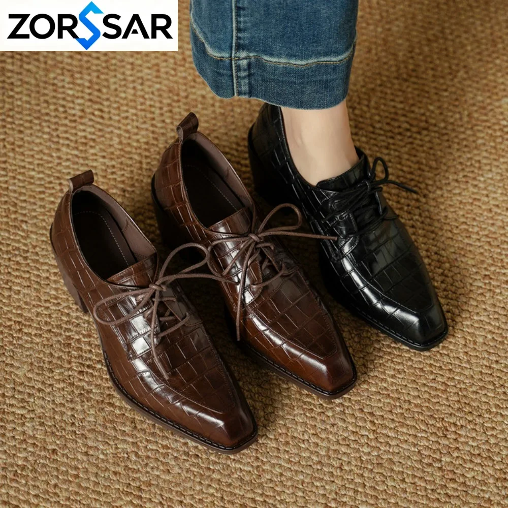 Women's Shoes Real Leather 2026 Spring New Lace-up Single Shoes Female Thick Heels Plus Size Women's Oxford Shoes