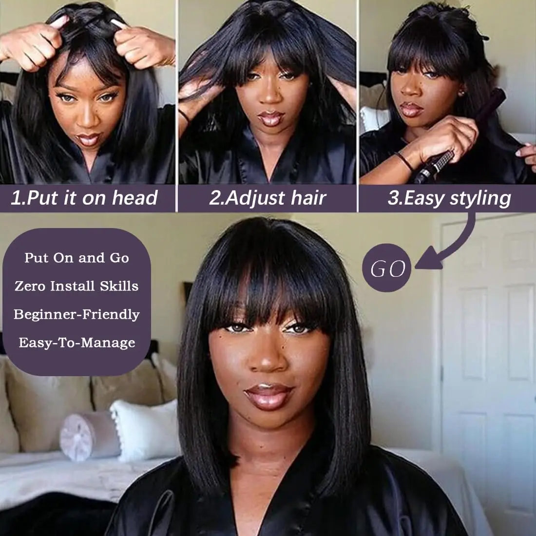 Rosslyn Bob Wig Human Hair Straight Wigs Full Machine Wig Black Wig 1b Bleached Knoted Short Human Hair Wigs Brazilian Original image 4