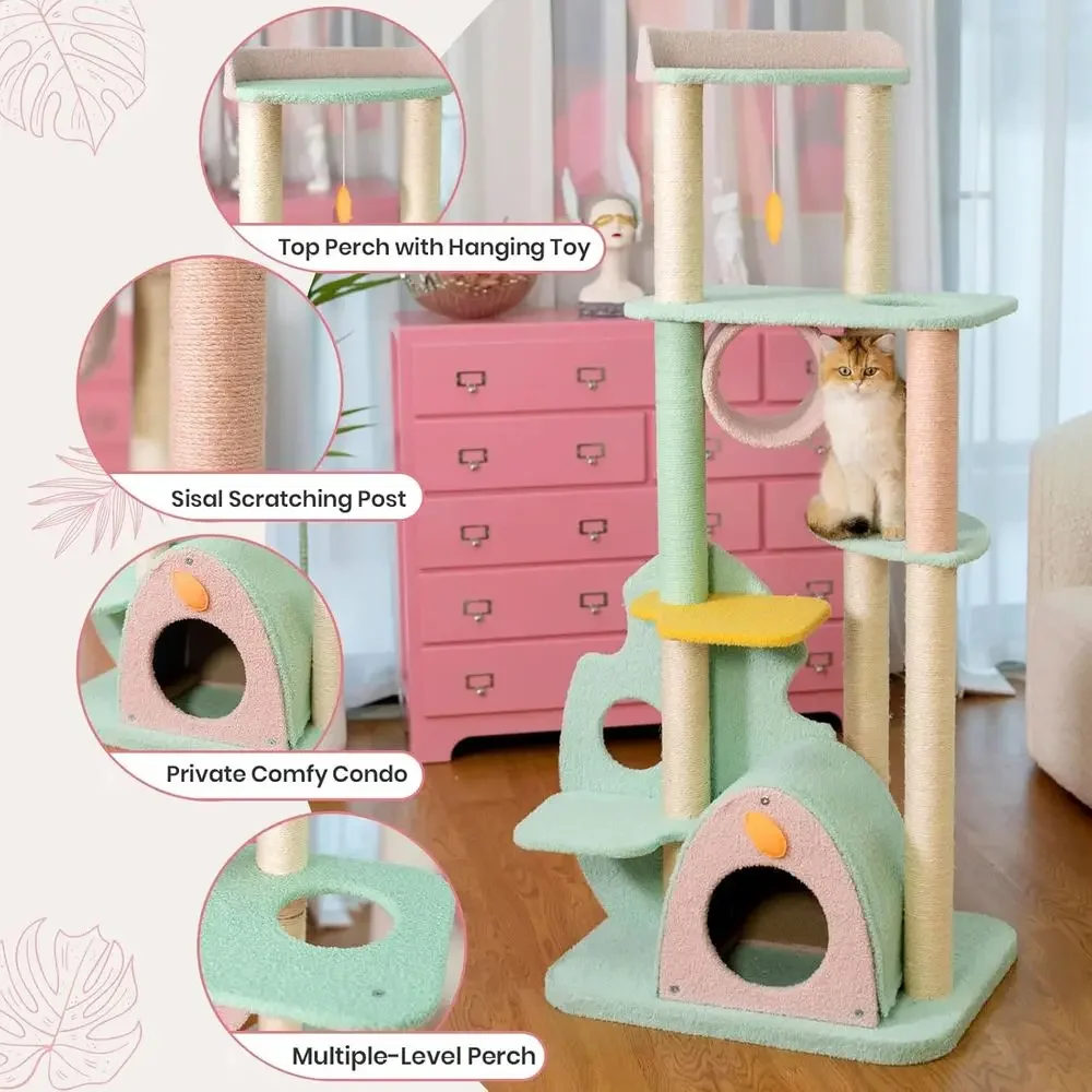 Extra Large 57.5 Cat Tower Condo with Sisal Posts, Cozy House, Multi-Level Play, Heavy Duty for XL Cats