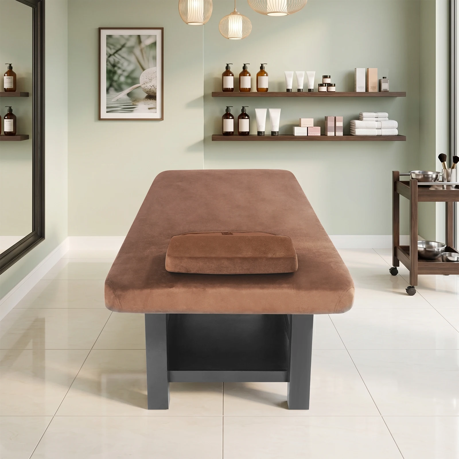 Solid Wood Massage Bed 190*80*62cm/74.8*31.5*24.4in Velvet Surface 0-45° Adjustable Backrest 400kg Load with Head Chest Hole Storage Rack for Beauty Salon Spa