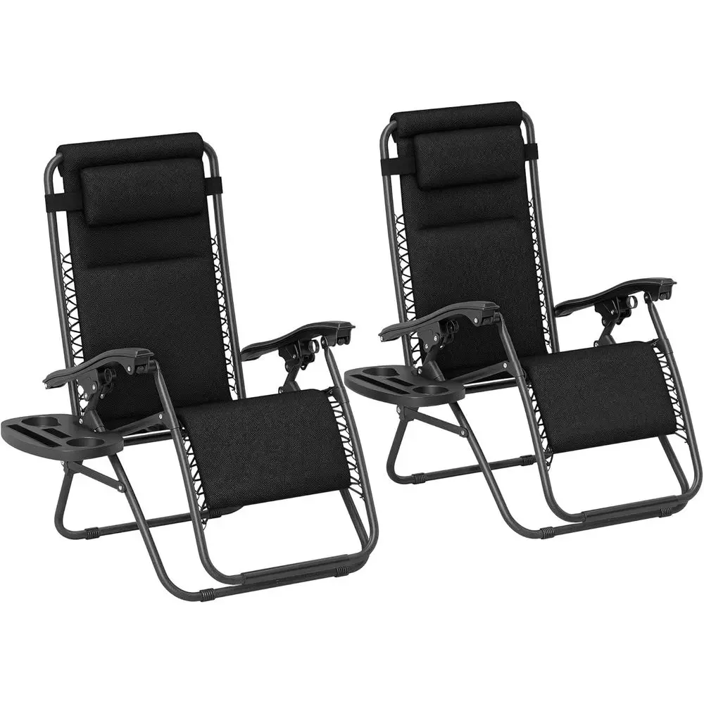 

Set of 2 Reclining Zero Gravity Lounge Chairs with Cushion and Cup Holder, Ideal for Outdoor, Patio, or Beach, Black