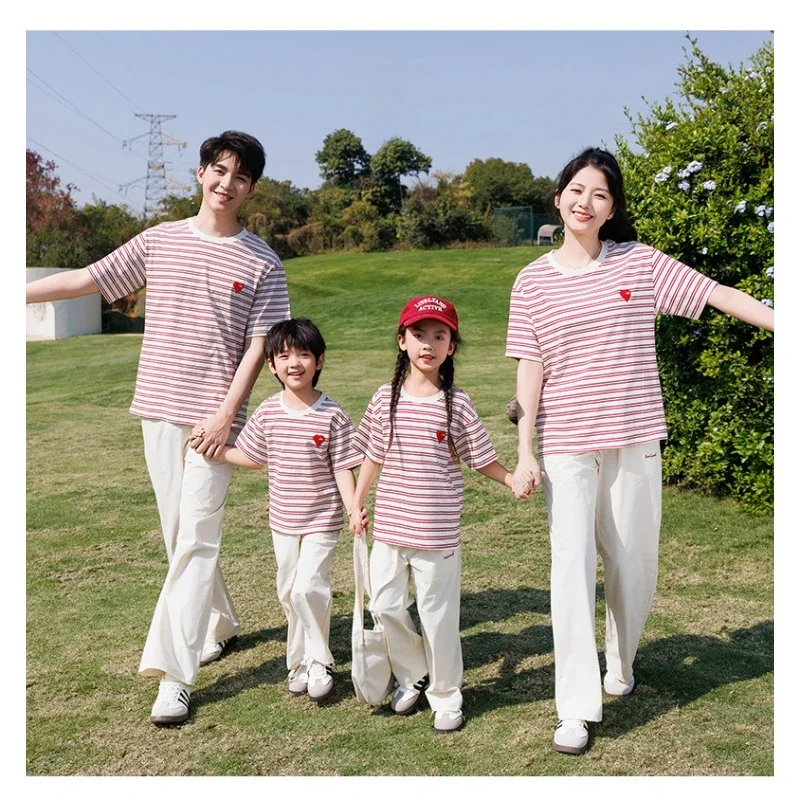 2026 Summer Family Matching Outfits Striped Crew Neck T-Shirt & Pants Set Casual Daily Wear for Mom Dad Kids Breathable Cotton