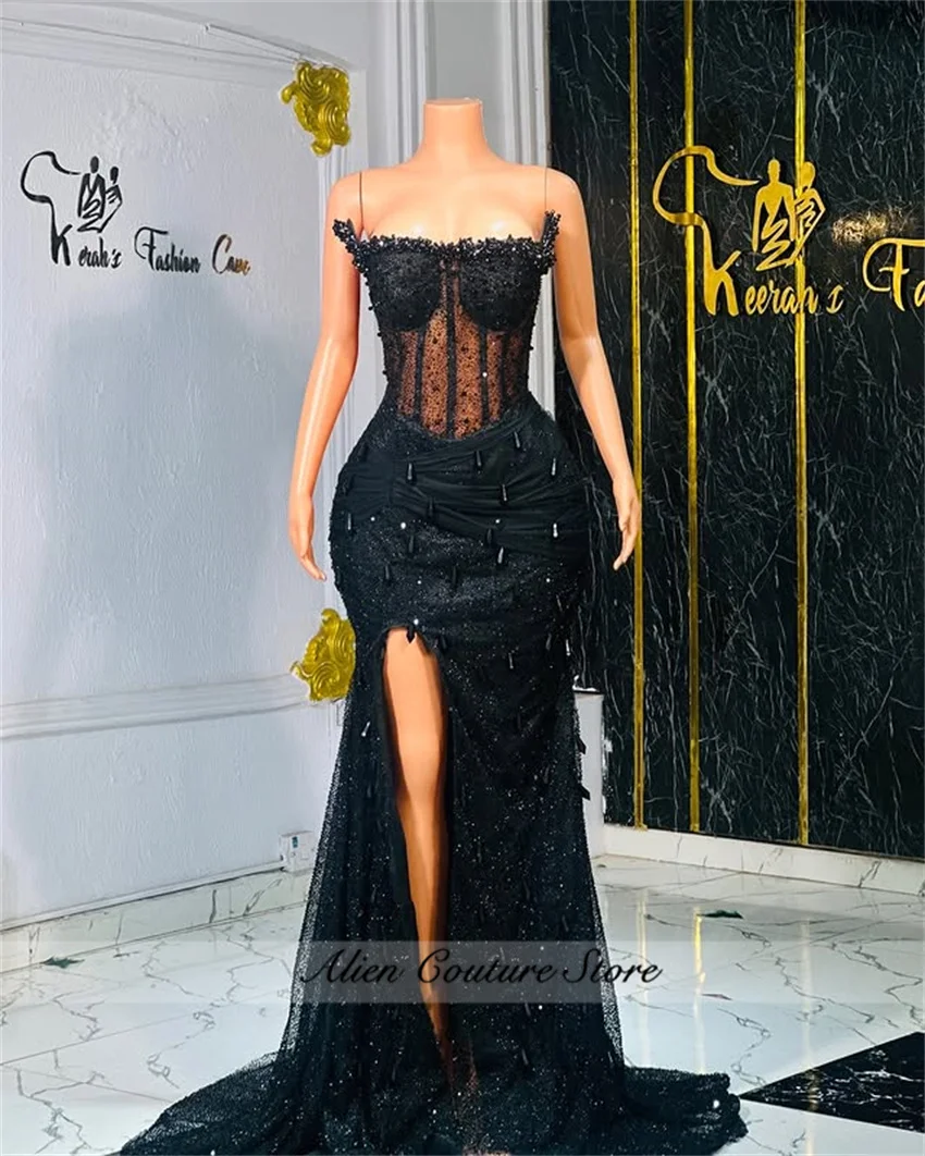 فساتين سهرة براقة بأحجار سوداء Aso Ebi مطرز بالكريستال الماس والأحجار الكريمة فستان حورية البحر للنساء 2025 مخصص