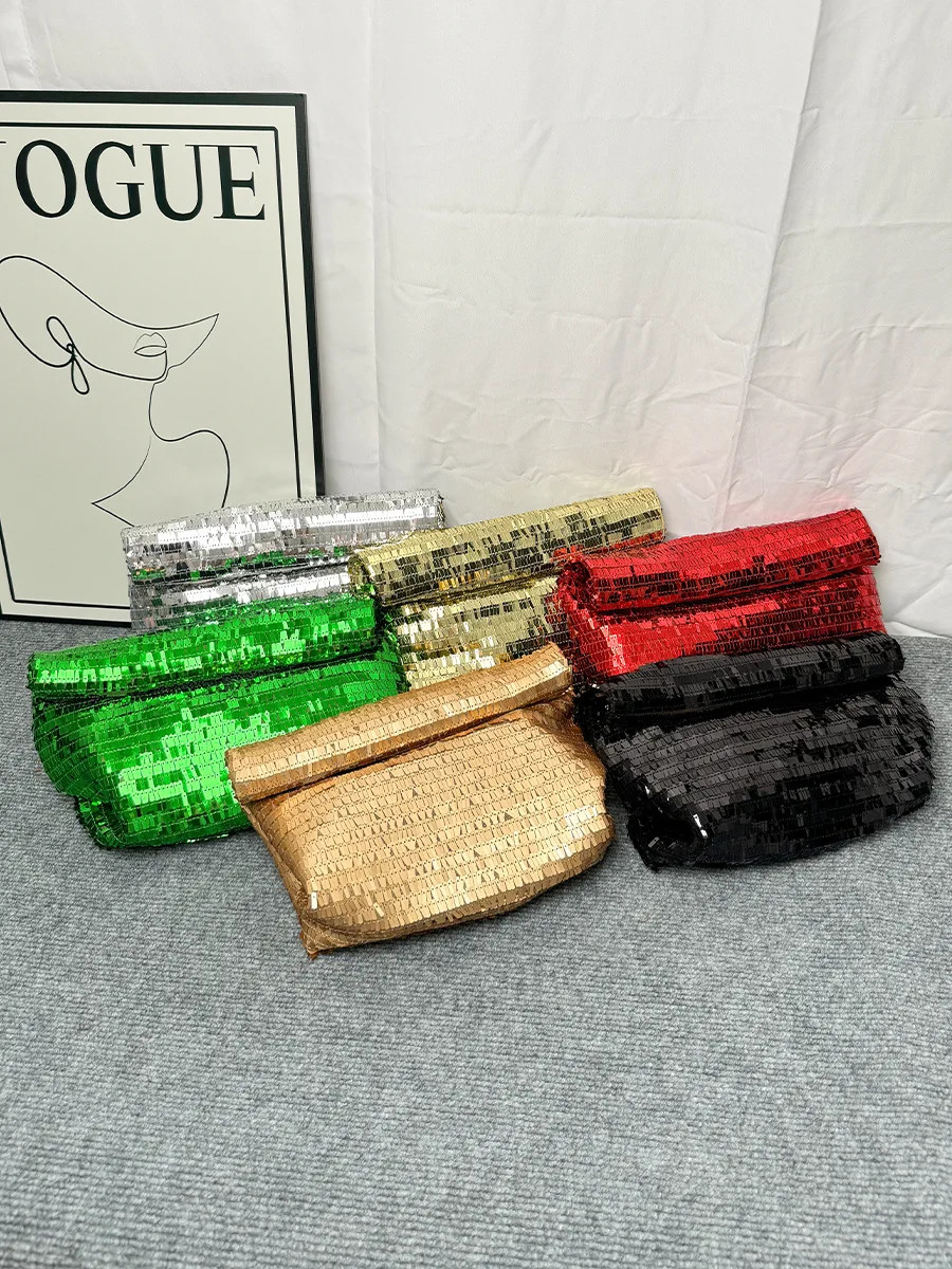Women Silver Evening Clutch Bag Luxury Designer Shining Sequins Party Wedding Purse Fashion Trends Handbag Black Metal Wallet