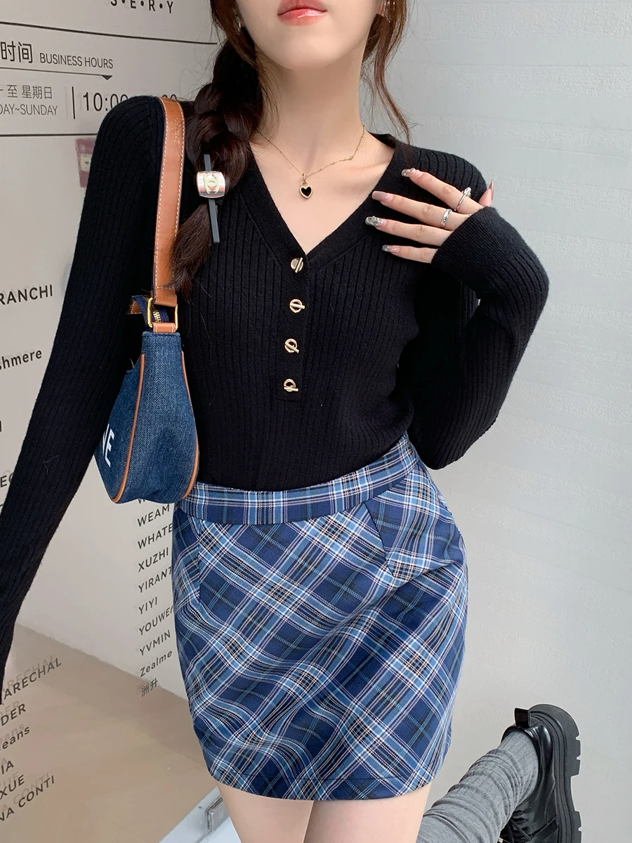 

Трикотажное женское пальто с длинным рукавом и v-образным вырезом, весна-осень, новое пальто с полувысоким воротником, внутренняя одежда, облегающий вязаный свитшот M2