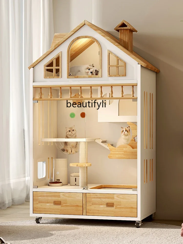 Small Apartment Cat Villa Household Solid Wood Cat Room with Toilet Integrated without Covering an Area of Cat House Advanced