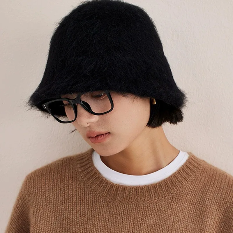 Luxury Alpaca Wool Bucket Hat for Women Winter Warm Fluffy Cloche Hat Minimalist Soft Plush Fisherman Cap