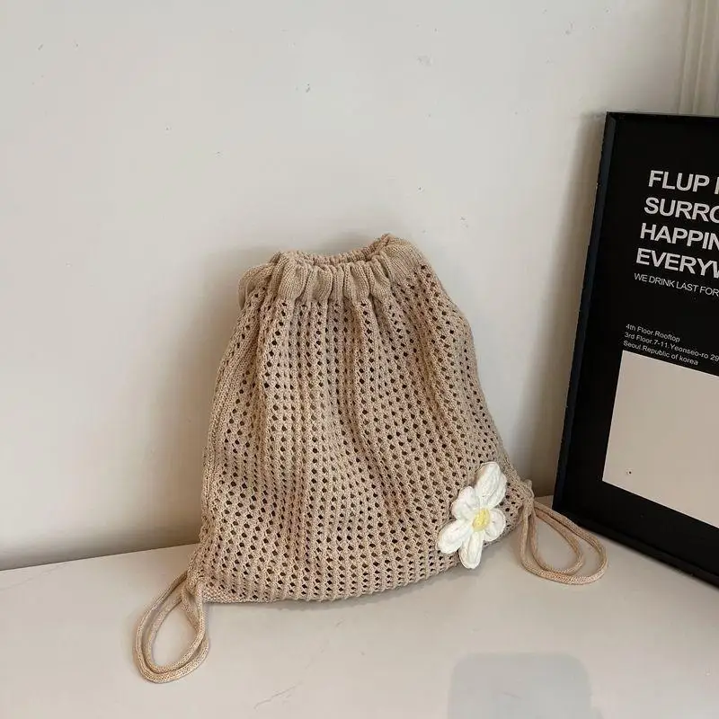 Solid Color Knitting Bohemian Backpack Handmade Crochet Tote for Daily Shopping and Travel