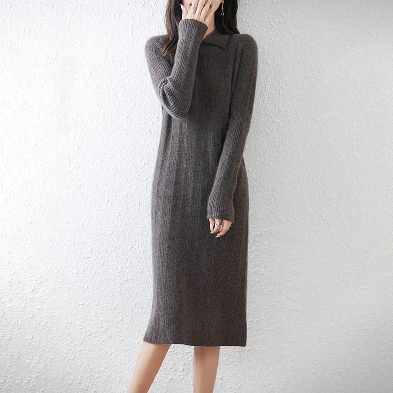 100% Wool Women's Midi Dress, Doll Collar Loose Solid Color Knitted Dress, Autumn Winter Gentle Color Slim Woolen Dress
