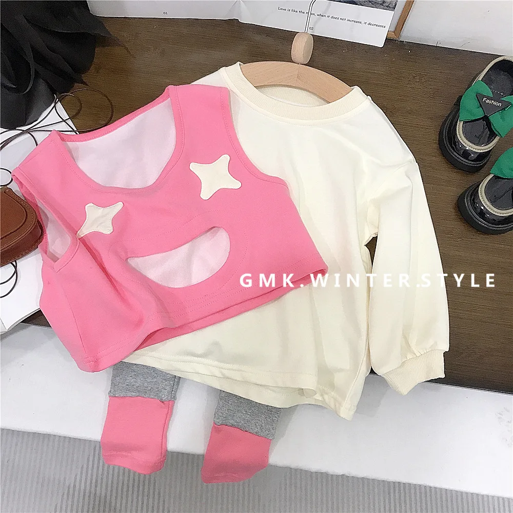 Conjunto de ropa de 3 uds para niña, chaleco rosa con sonrisa hueca, camisetas de algodón sólido, traje empalmado, mallas con cintura elástica, primavera y otoño