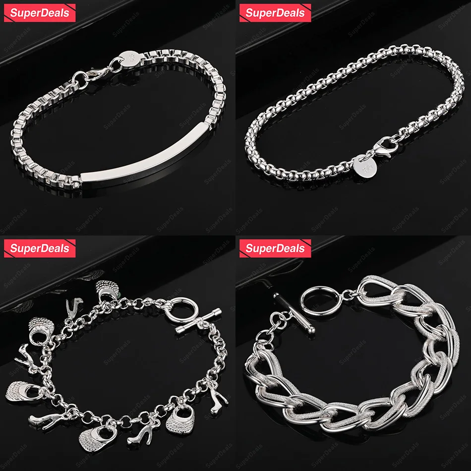 

SuperDeals 925 Sterling Silver Round Box Chain Shoe Bag Geometric Frosting Chain Bracelet Women Charm Wedding Party Jewelry