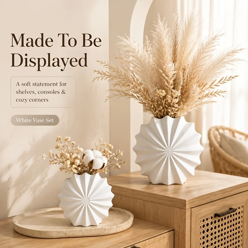 2Pcs Matte Radiating Fluted Disc Vase Set, PLA 3D Printed Minimalist Boho Dried Flower Holder for Desktop Shelf Home Decor Gift