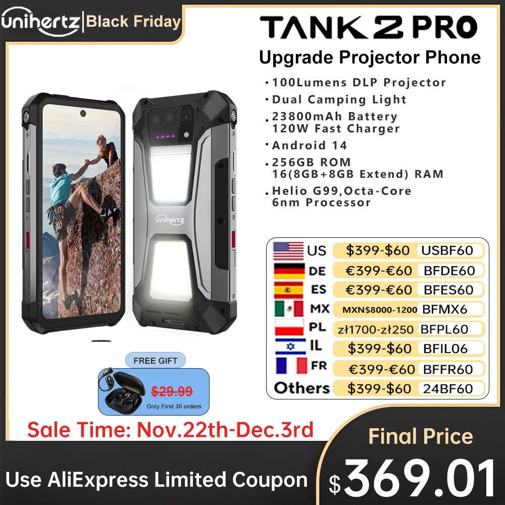 Unihertz-8849 Tank 2 PRO Rugged Smartphone with Projector, 23800mAh, 24GB, 512GB, 100MP Android 14,120Hz Screen, IP68 Waterproof