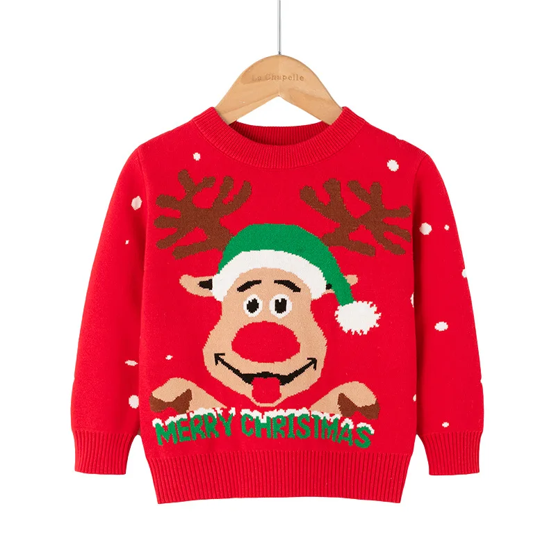 

Kids Cute Cartoon Elk Jacquard Christmas Warm Knitted Pullover Sweater Knitwear Baby Boys Girls Autumn Winter Xmas Sweaters