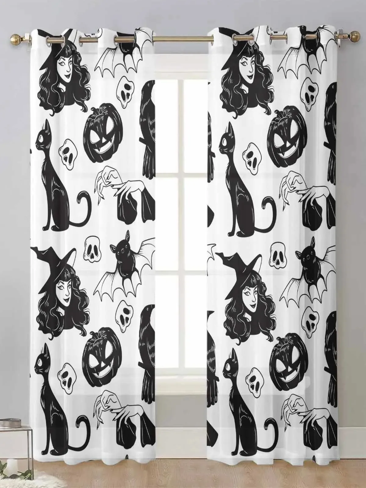 Halloween Pumpkin Witch Black Cat Bat Crow Web Sheer Curtains Suitable for Living Room Bedroom Window Tulle Curtain Home Decor