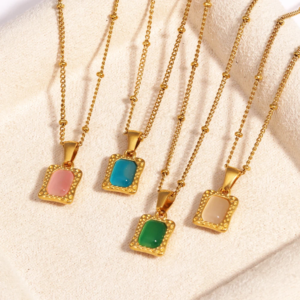Fashion Stone Opal Square Necklace For Women Stainless Steel Gold Color Green Pendant Necklace Wedding Aesthetic Jewelry Gift