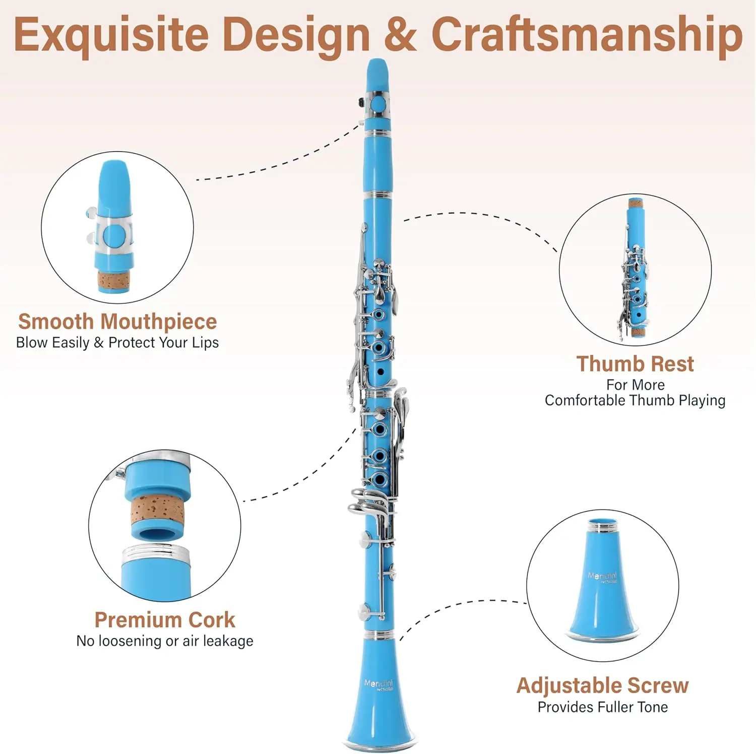 Beginner B Flat Clarinet with 10 Reeds, Hard Case, Stand in Light Blue - Easy to Play & Complete Set