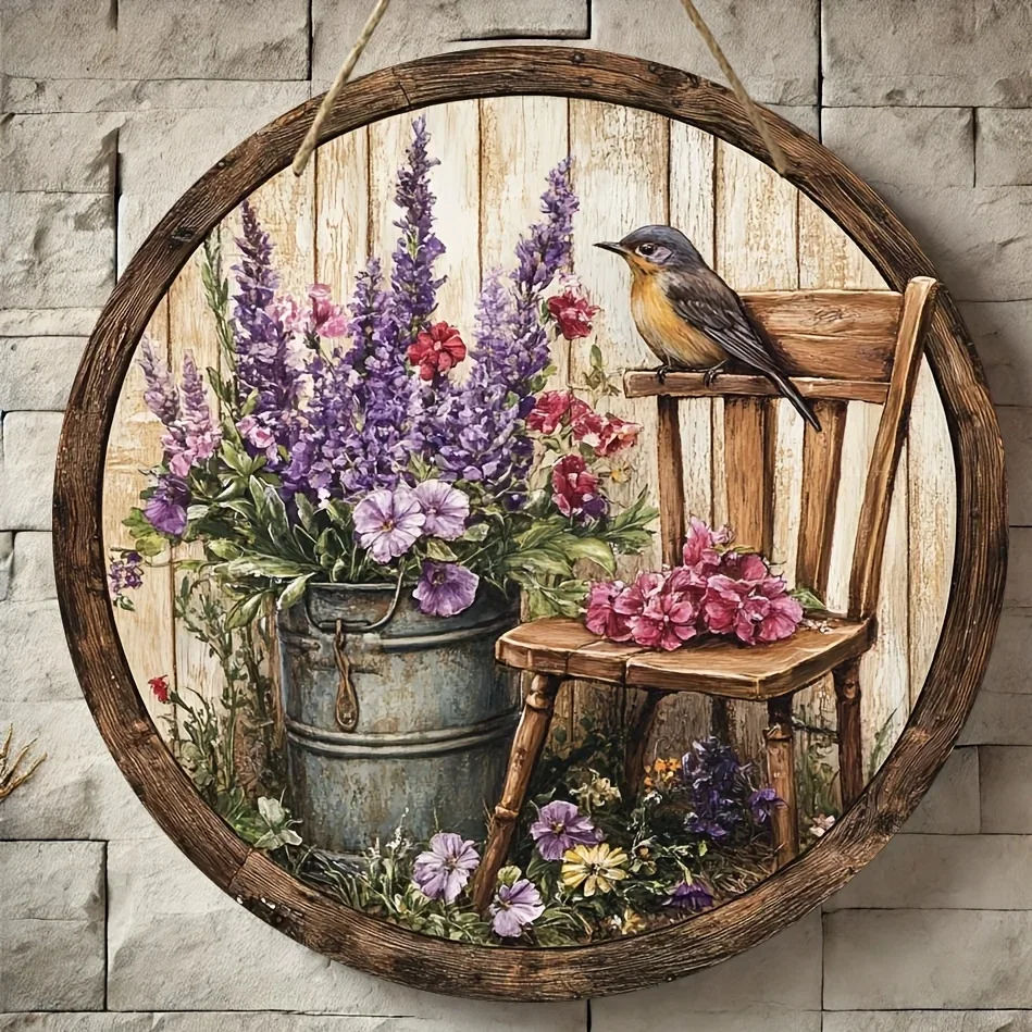 Round Wooden Sign, Rustic Style, 2D Printed Bird and Flower Mural, 7.87inch, This Is a Multifunctional Holiday Decoration, No El