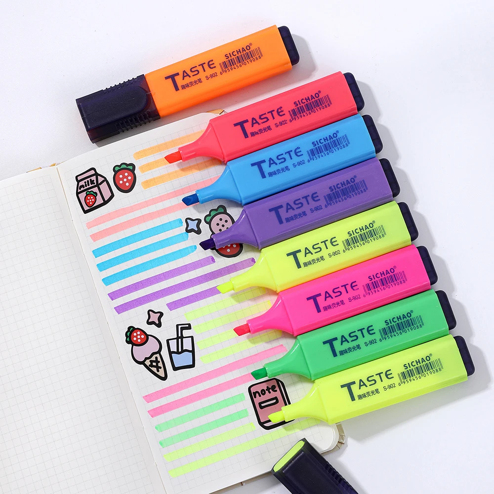 4/6/8PCS Highlighter Fluorescent Pen Broad Tip Writing Marker Pens for Art Drawing Doodling Marking Office Stationery School Su