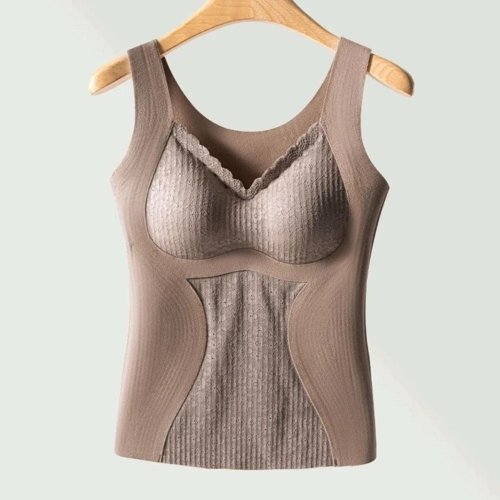 Lace Cashmere Thermal Underwear Sleeveless Slimming Postpartum Body Shaper with Padded Cups Tummy Control