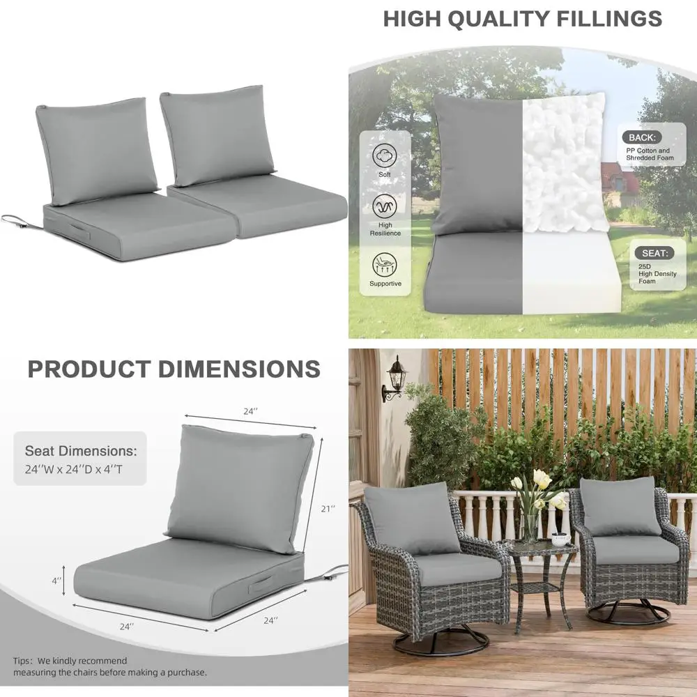 

Gray Fade-Resistant Water-Resistant Outdoor Cushions Set of 2, 24x24 Inch Deep Seat Patio Chair Cushions for Wicker Chai Lounge
