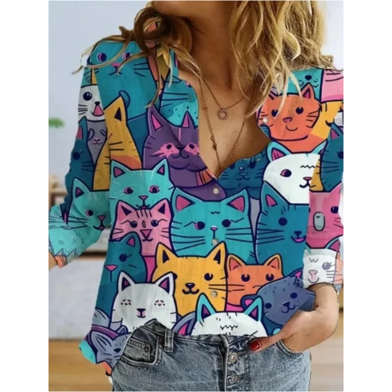 Autunno Abbigliamento donna Stampe animalier carine Camicia Top Cartoon Cat Pattern Camicette da donna personalizzate a maniche lunghe da strada