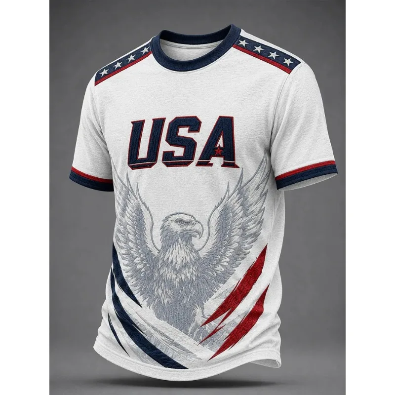USA Bald Eagle Patriotic T-Shirt, 3D Print Short Sleeve Tee,Retro Eagle Graphic Casual Top for Independence Day & National Pride