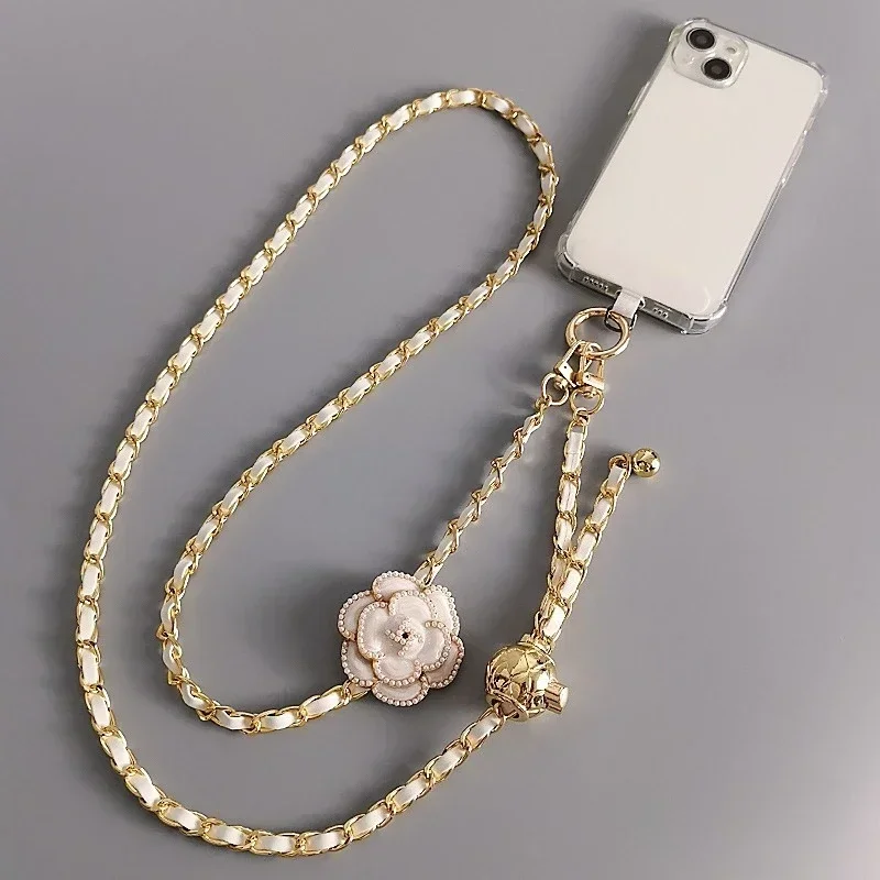 

Phone Lanyard Mobile Phone Lanyard Crossbody Round Ball Telescopic Buckle Camellia Pickup Chain Neck Bag Metal Chain Mobile