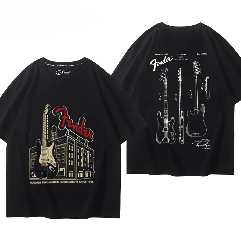 Summer 100% cotton short-sleeved top with jazz rock print. Men's T-shirt with bass and guitar instruments. Fenda street style.