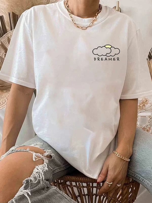 Cute Cartoon White Cloud Sun Print Female Tops New Styilsh Fashion Outdoor All Match Women Shirt Trend Holiday Casual Girl Tee