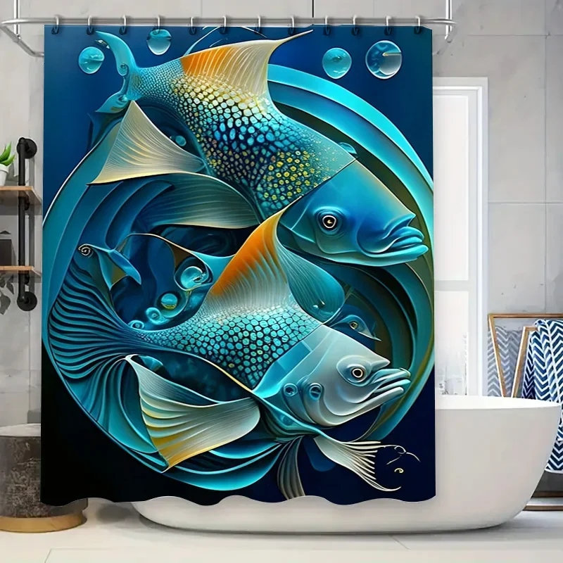 

Blue Fish Print Shower Curtain Modern Watercolor Artistic Bathroom Decor for Home Decoration