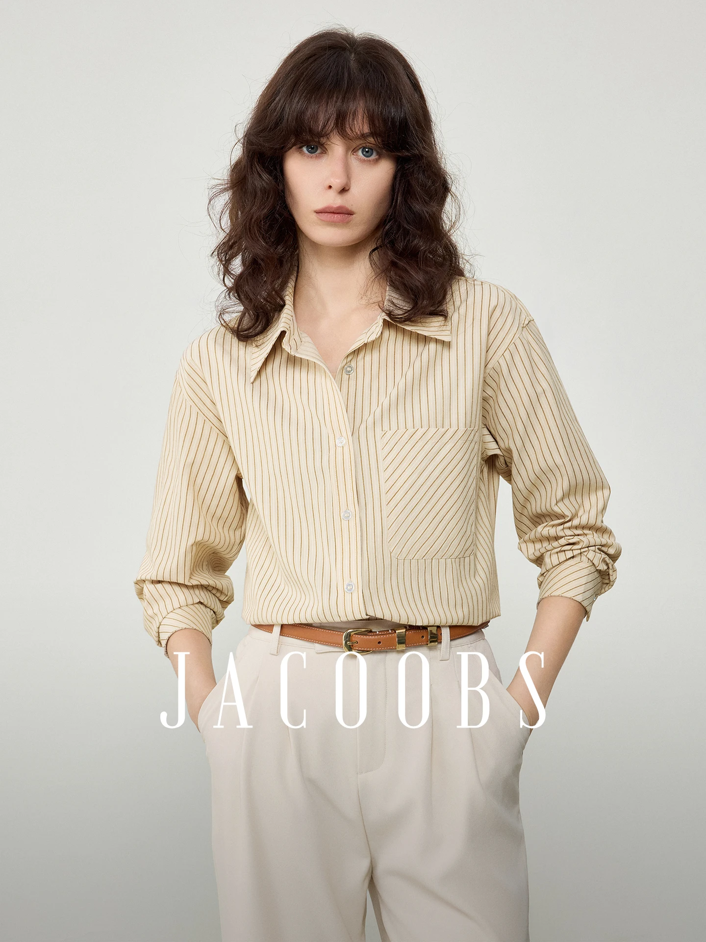 

Женская бежевая полосатая рубашка Yakejia: весенне-осенняя повседневная модель с длинным рукавом, прямого кроя, с V-образным вырезом, для делового стиля и многослойных образов