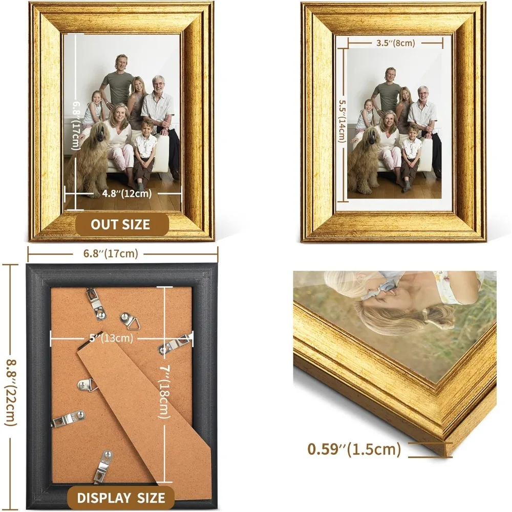 SYNTRIFIC 6PC 5x7in Gold Frames, Vintage Gold Picture Frames for Wall Mounting and Tabletop Display