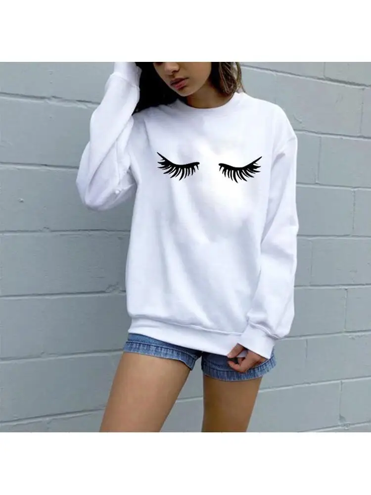 Fashion Eyelashes Women\'s White Sweatshirt Makeup Lashes Mascara Funny Tumblr Female Comfortable Graphic Aesthetic Top Sudaderas