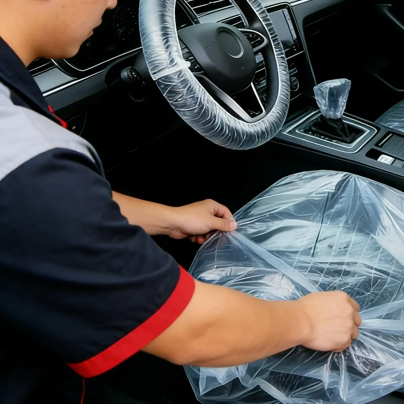 Disposable PE Car Seat Cover Set Waterproof Dustproof Protector for Front Rear Seats Steering Wheel Gear Shift Full Interior Kit