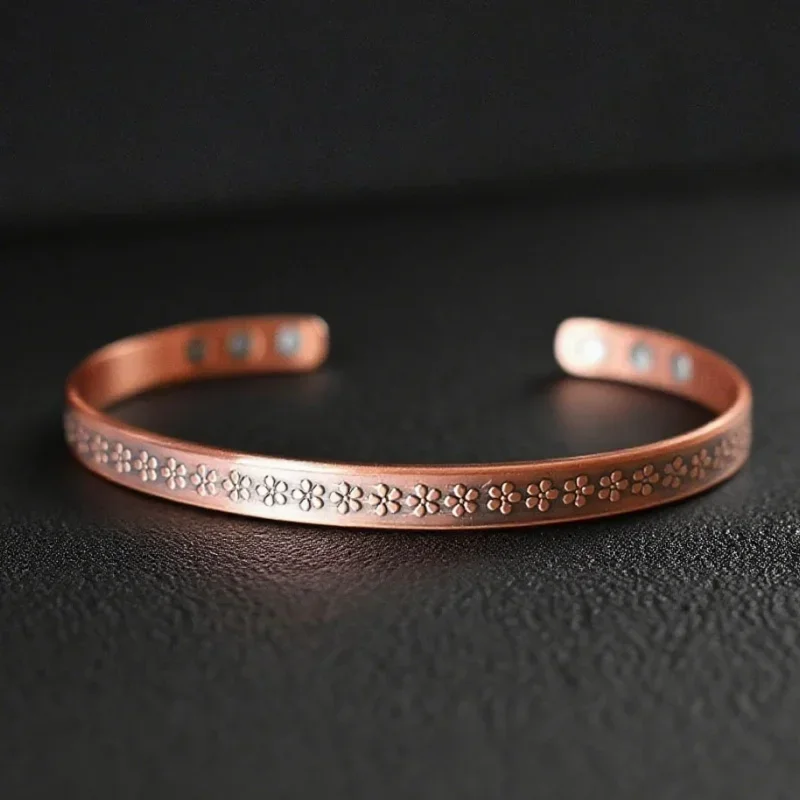 Pulsera Magnética de Cobre Puro con Flor en Color Oro Rosa, Brazalete Abierto Ajustable para Mujer, Joyería con Imán de Alta Potencia