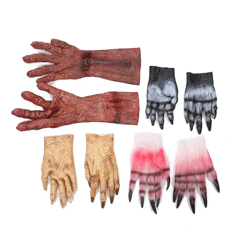 Halloween Horror Props Tricky Zombie Blood Gloves Fake Finger Long Nails Cosplay Devil Vinyl Gloves Photo Decoration Supplies