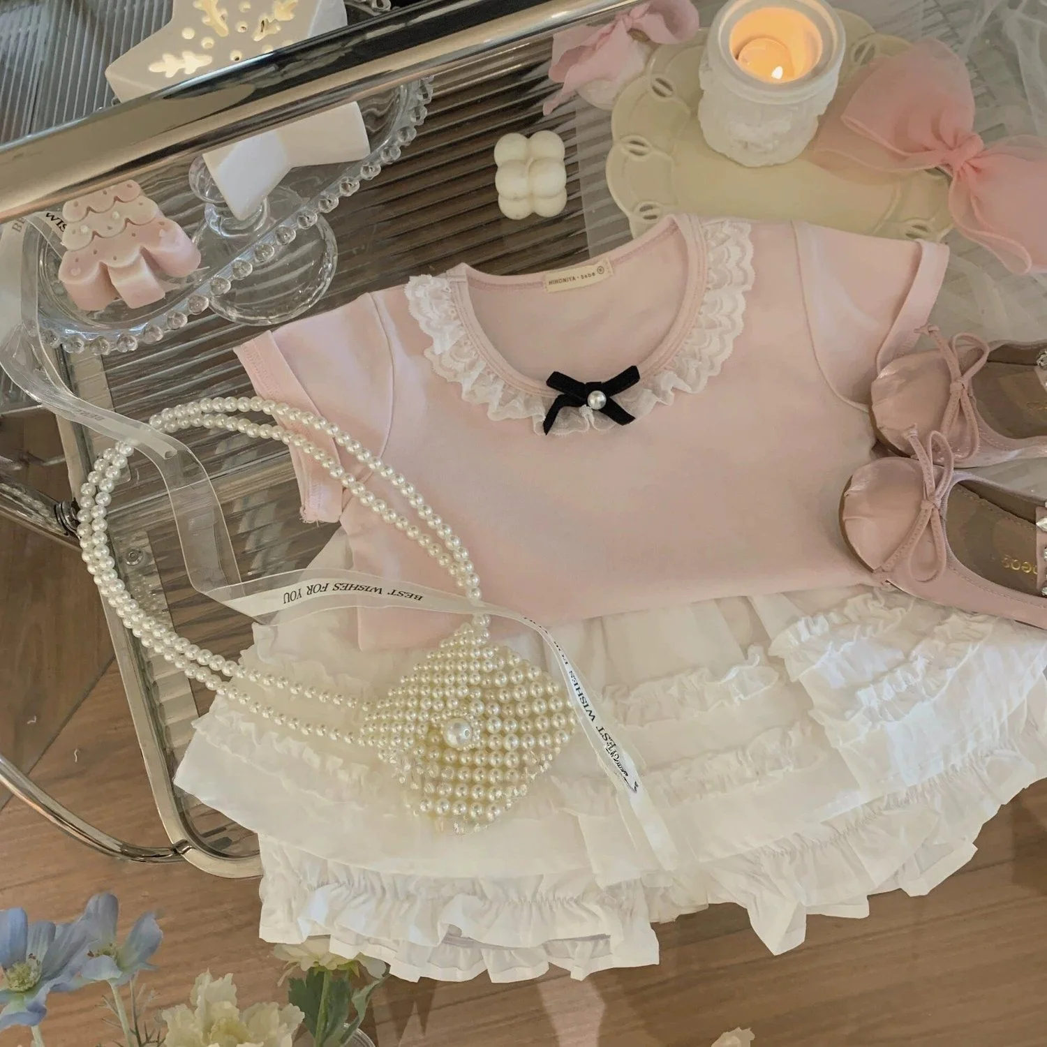 Round Neck Patchwork Lace Bow Short Sleeved Summer Design Top Sweet T-shirt for Girls Versatile Base