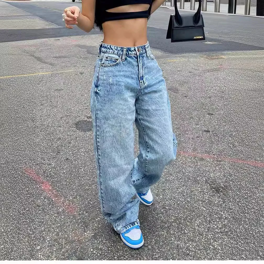 Retro Washed Distressed High Waist Wide Leg Jeans For Women 2024 New Autumn Loose Straight Floor-length Pants Bottoms For Female
