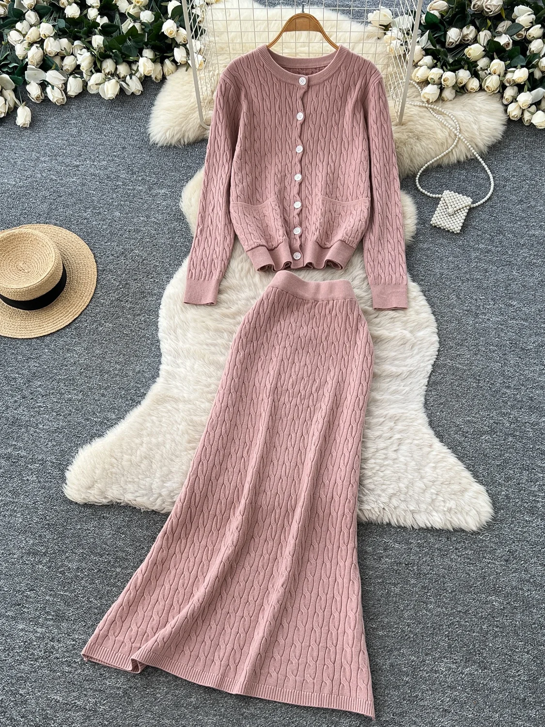 Elegant Knitted Set Women's High Waist Midi Skirt Long Sleeve Top Commute Style Two-Piece Suit Autumn Collection