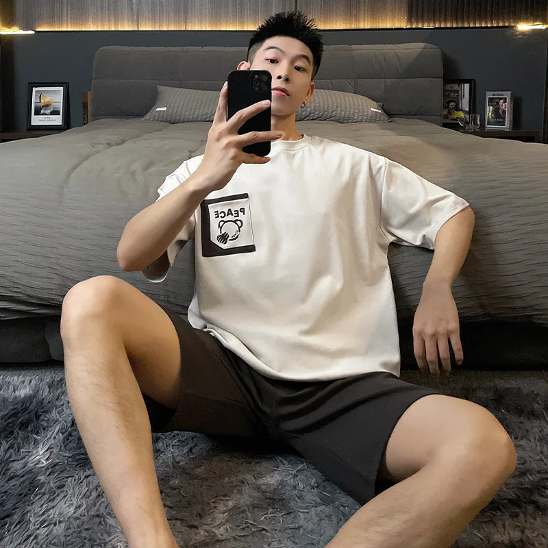 Korean Fashion Cotton Sleepwear for Men Summer Short Sleeves Shorts Pajamas Set Young Boy Pjs Pijamas Hombre pyjamas men