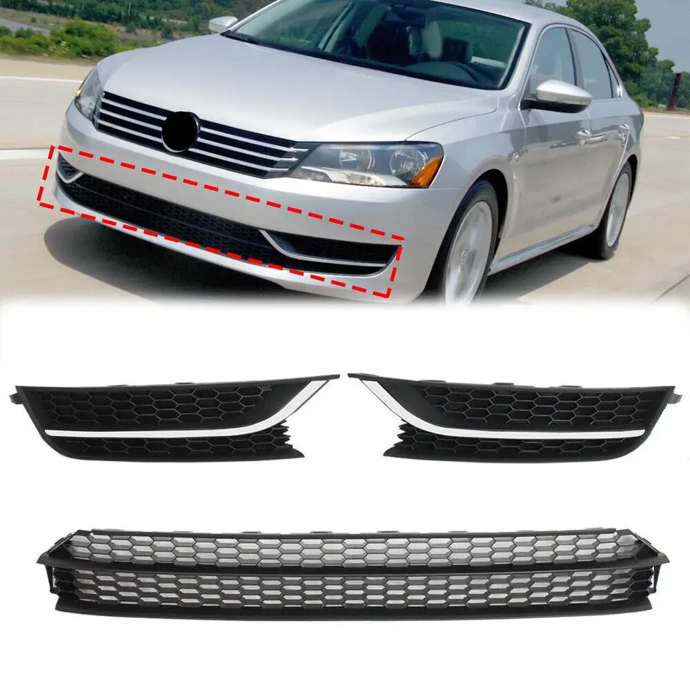 

Pack of 3 Front Bumper Lower Grille and Fog Lamp Case Bezel for 2012-2015 Passat