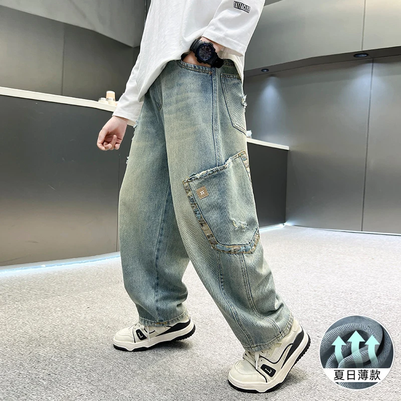 

Child Casual Fashion Long Trousers with Pockets Loose Fit Decorative Jeans for Students And Toddlers Boys Denim Jeans Ages 4-14Y