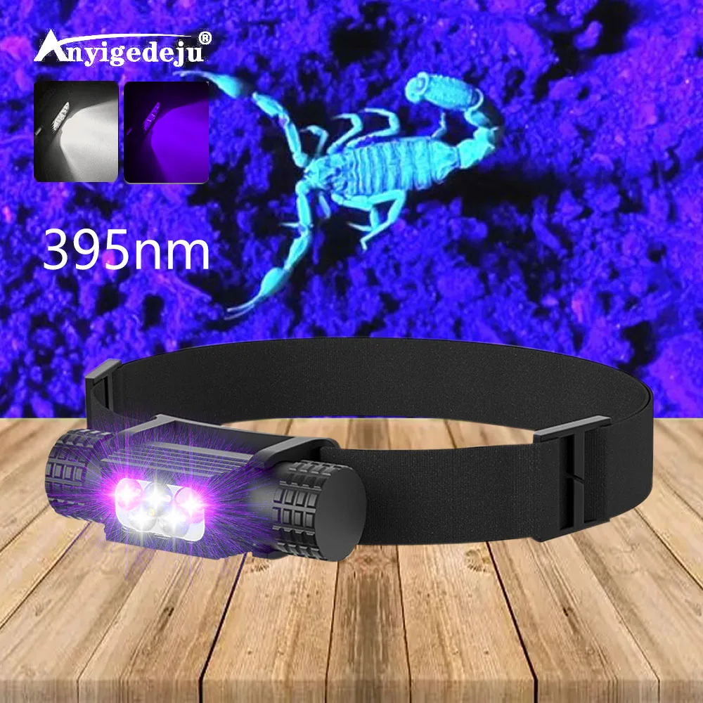 395nm UV LED Mini Headlamp High Power White Purple Light Headlight Type-C 18650 Head Torch Multi-function Flashlight Lamp