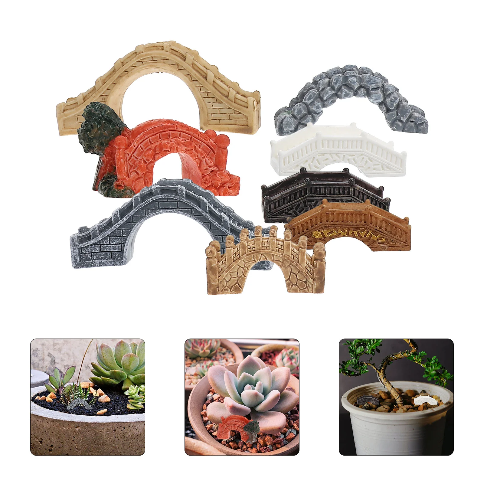

8 Pcs Micro Landscape Miniature Garden Tools Small Arched Bridge Pond Ornaments Mesh Rhinestone Outdoor Resin Accessories Fairy