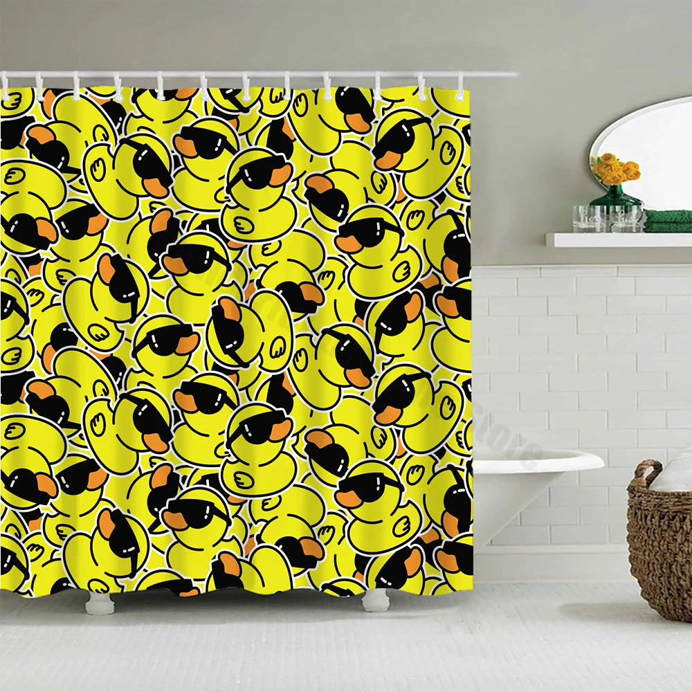 Cute Little Yellow Duck Shower Curtain Cartoon Funny Smiley Face Bathroom Waterproof Bath Duck Fabric 12 Hooks Bathroom Decor